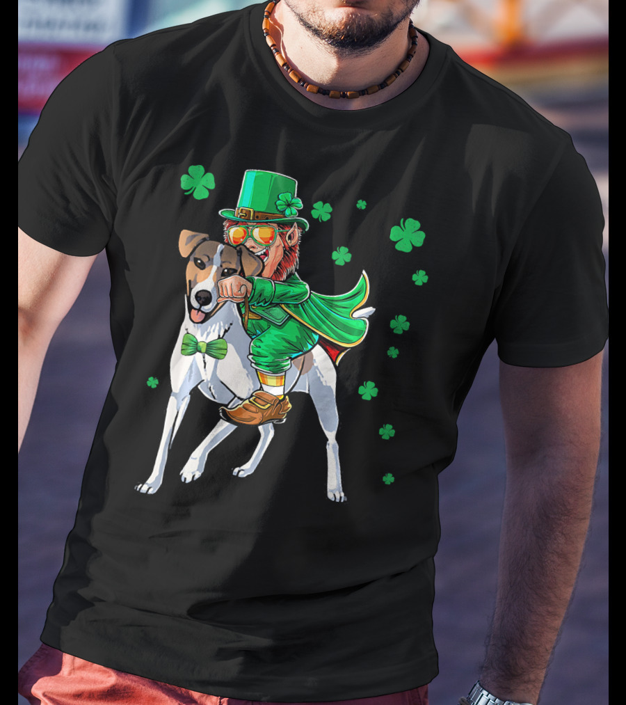 Leprechaun Riding Smooth Fox Terrier With Shamrocks T-Shirt