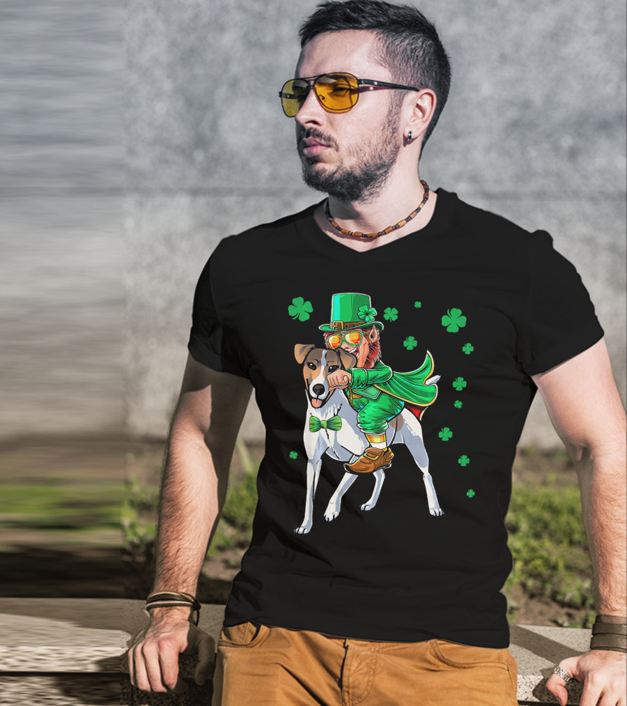 Leprechaun Riding Smooth Fox Terrier With Shamrocks T-Shirt