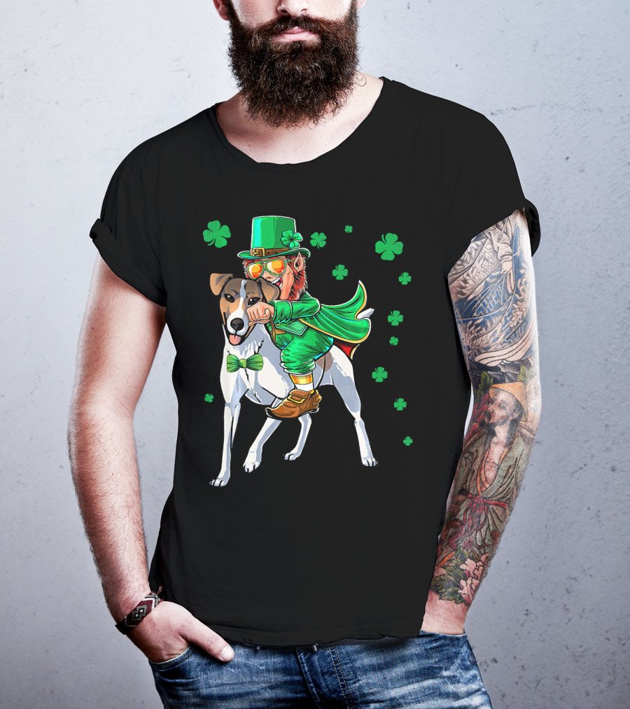 Leprechaun Riding Smooth Fox Terrier With Shamrocks T-Shirt