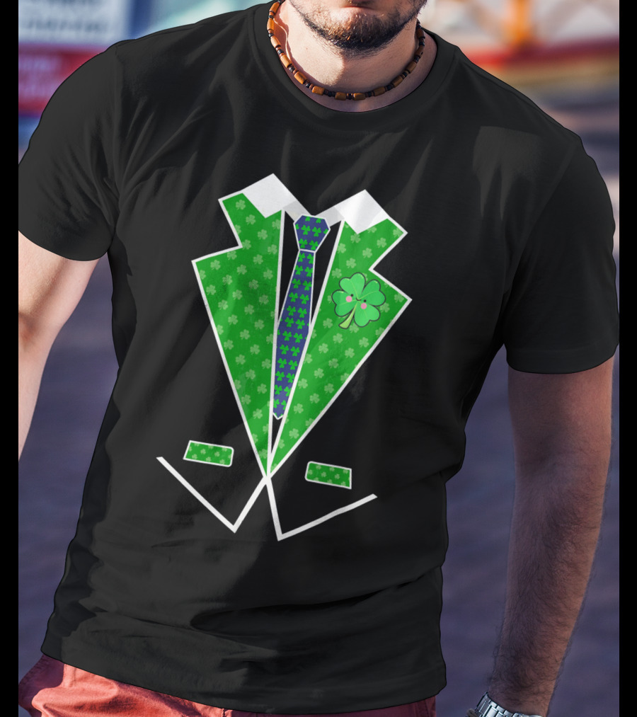 St. Patrick Day Shamrock Vest Tuxedo With Green Tie T-Shirt