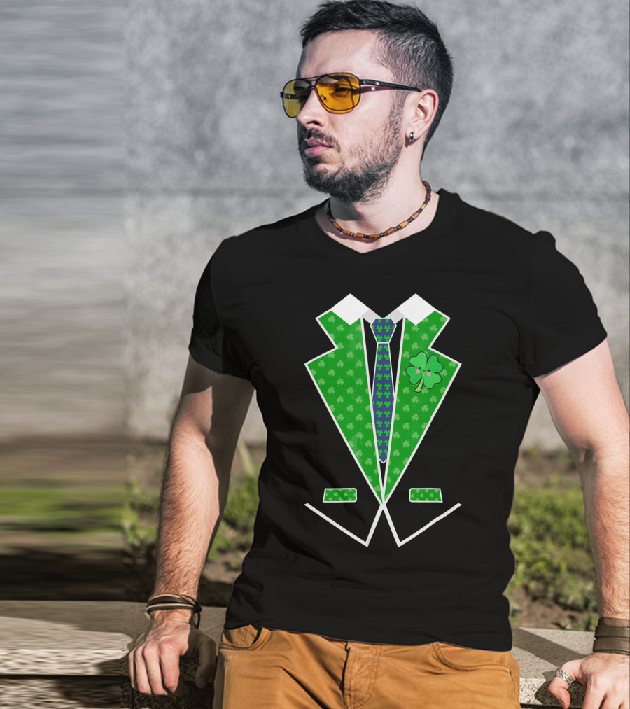 St. Patrick Day Shamrock Vest Tuxedo With Green Tie T-Shirt