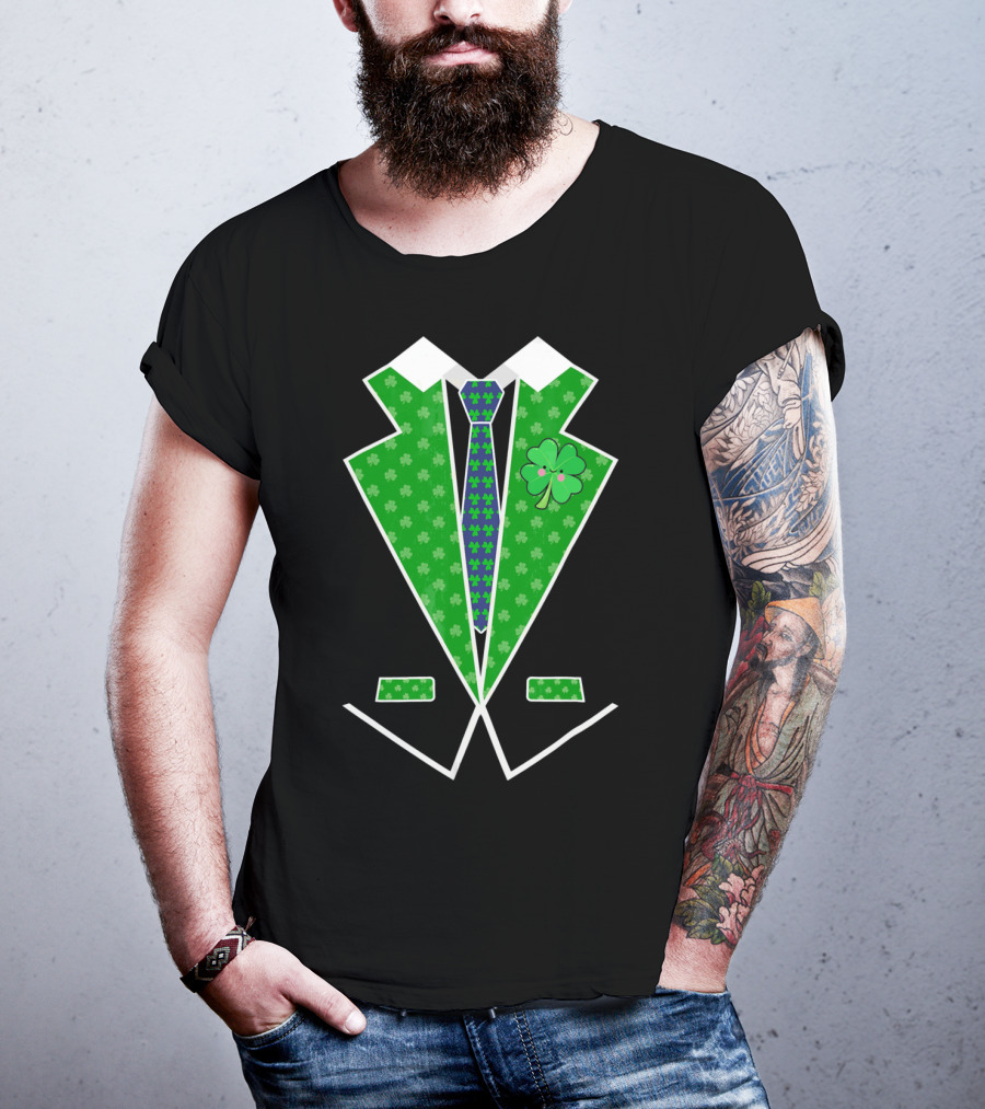 St. Patrick Day Shamrock Vest Tuxedo With Green Tie T-Shirt