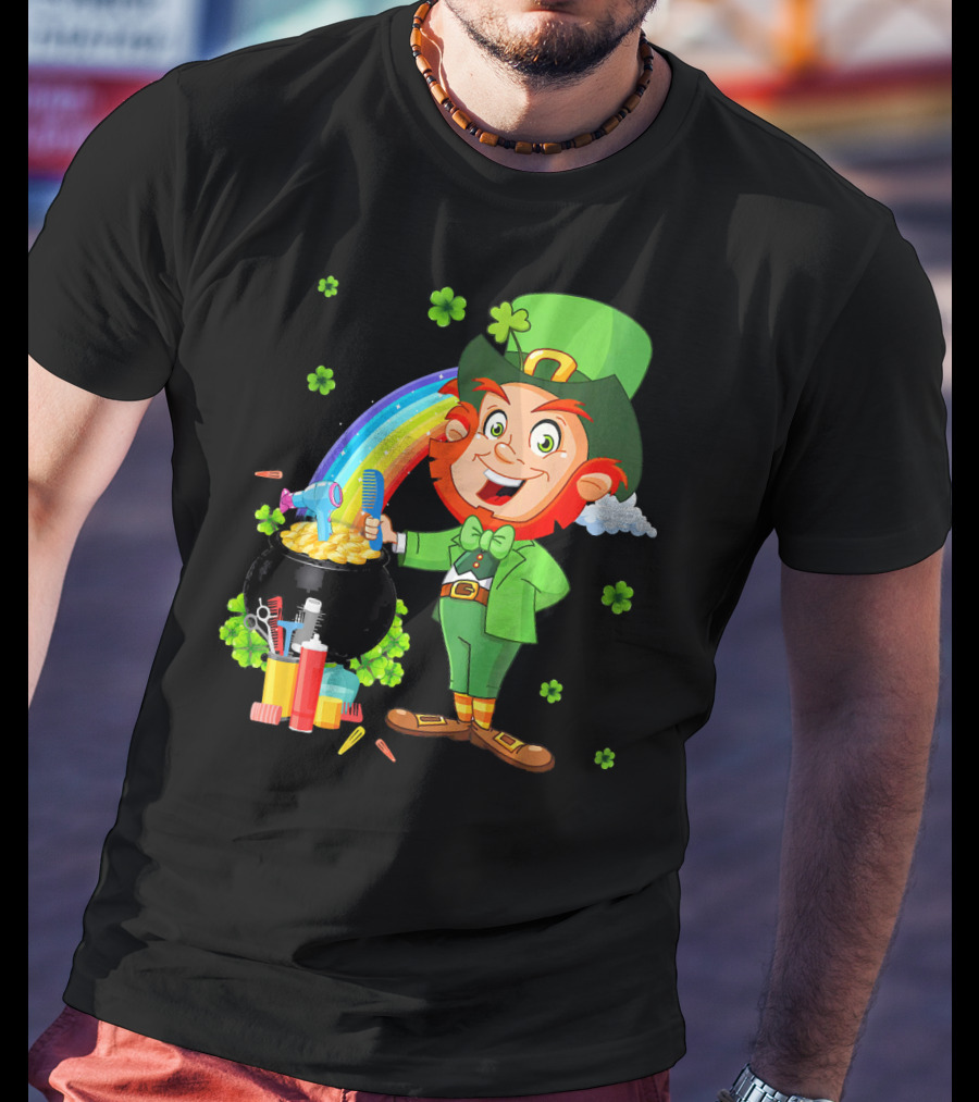 Medical Scrub Hairstylist Leprechaun Pat With Rainbow And Pot Of Gold Barber Tools T-Shirt