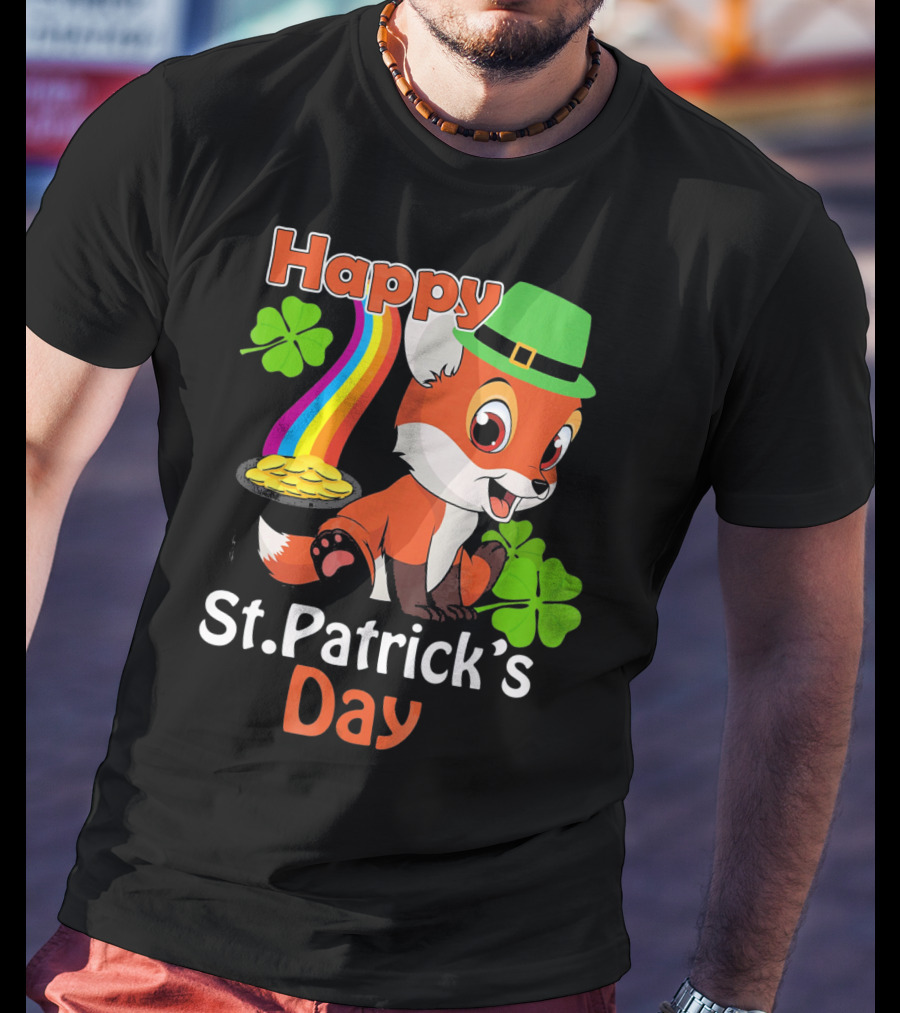 Happy St Patrick's Day Funny Fox Rainbow Clover Gold T-Shirt