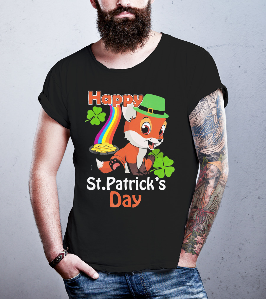 Happy St Patrick's Day Funny Fox Rainbow Clover Gold T-Shirt
