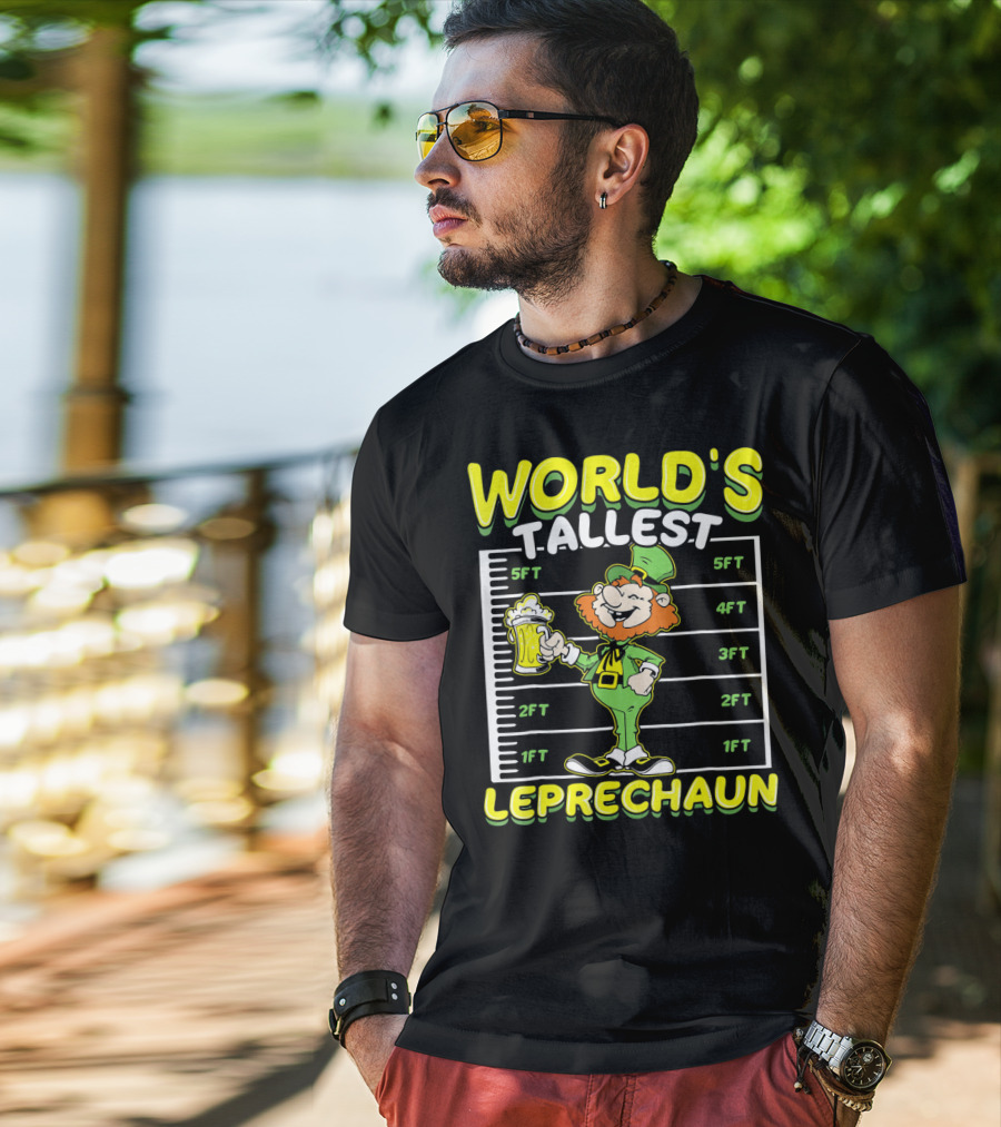 WORLD'S TALLEST LEPRECHAUN Funny St Pat Holding Beer Mug With Height Chart T-Shirt