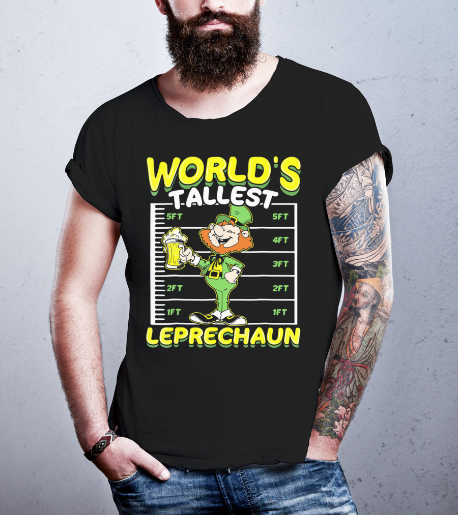 WORLD'S TALLEST LEPRECHAUN Funny St Pat Holding Beer Mug With Height Chart T-Shirt