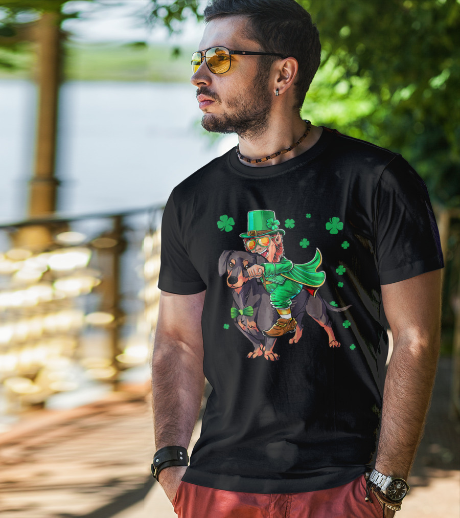 Leprechaun Riding Miniature Dachshund With Shamrocks T-Shirt