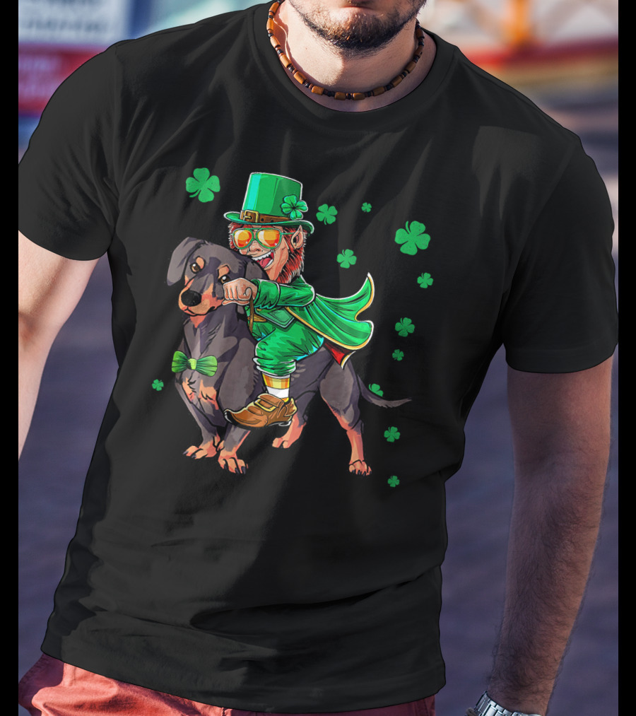Leprechaun Riding Miniature Dachshund With Shamrocks T-Shirt