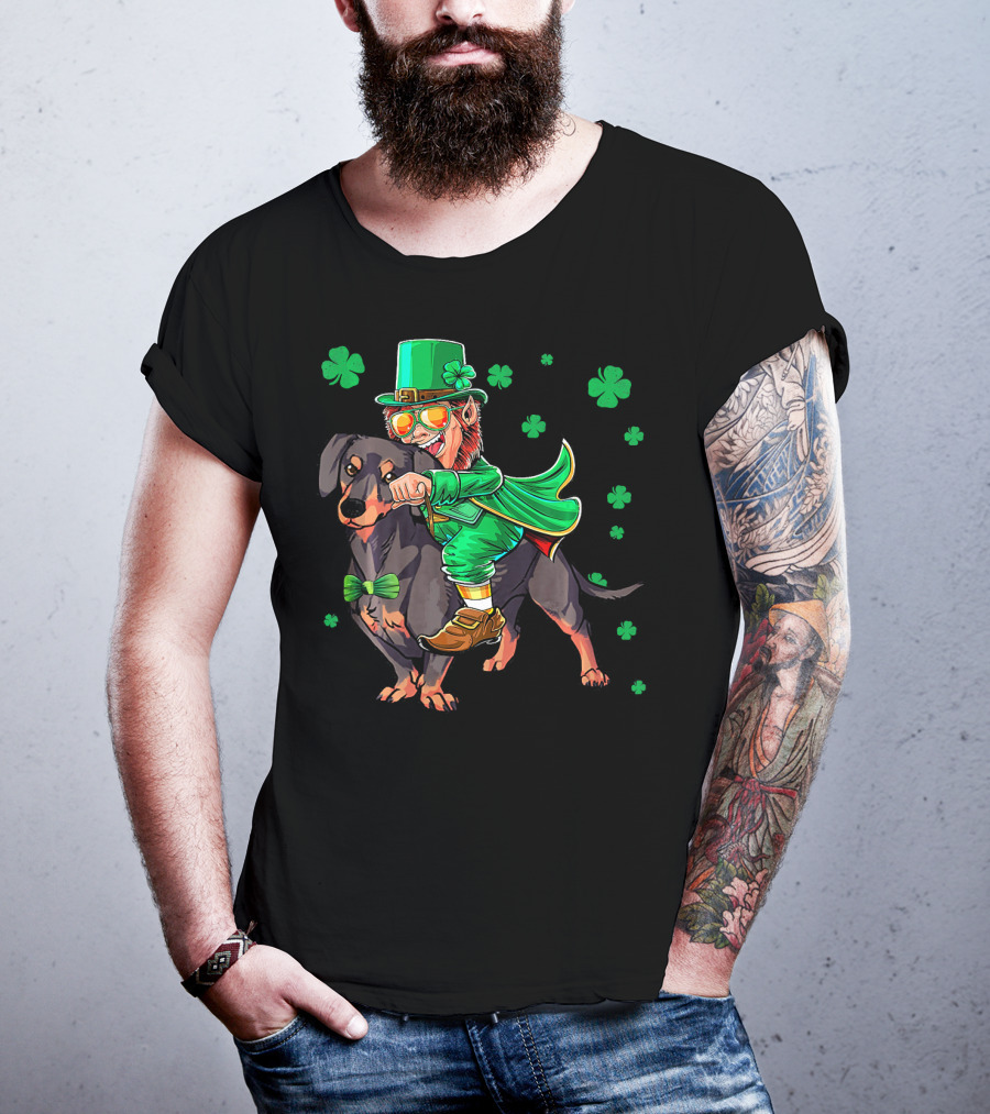Leprechaun Riding Miniature Dachshund With Shamrocks T-Shirt