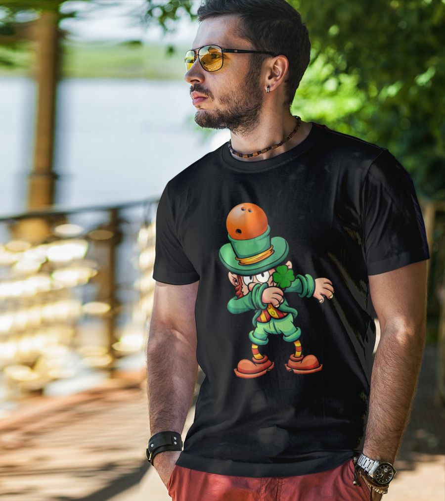 Dabbing Leprechaun Wearing Bowling Ball Hat Holding Shamrock T-Shirt