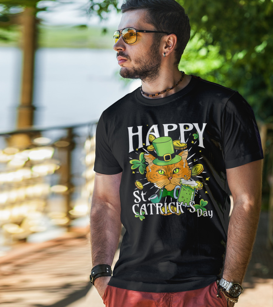 Happy St. Catricks Day Funny St. Patrick Cat Clover Coins T-Shirt