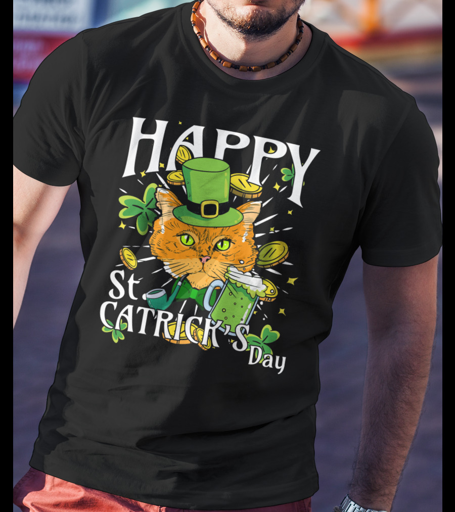 Happy St. Catricks Day Funny St. Patrick Cat Clover Coins T-Shirt