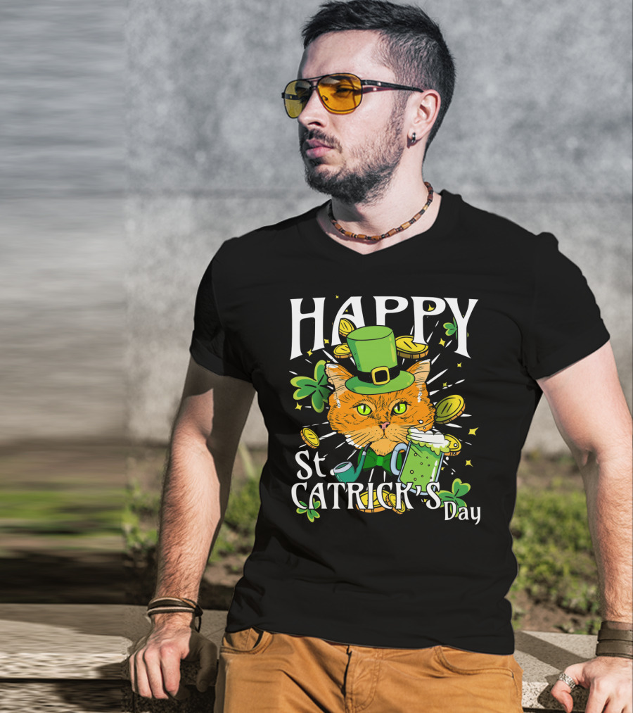 Happy St. Catricks Day Funny St. Patrick Cat Clover Coins T-Shirt
