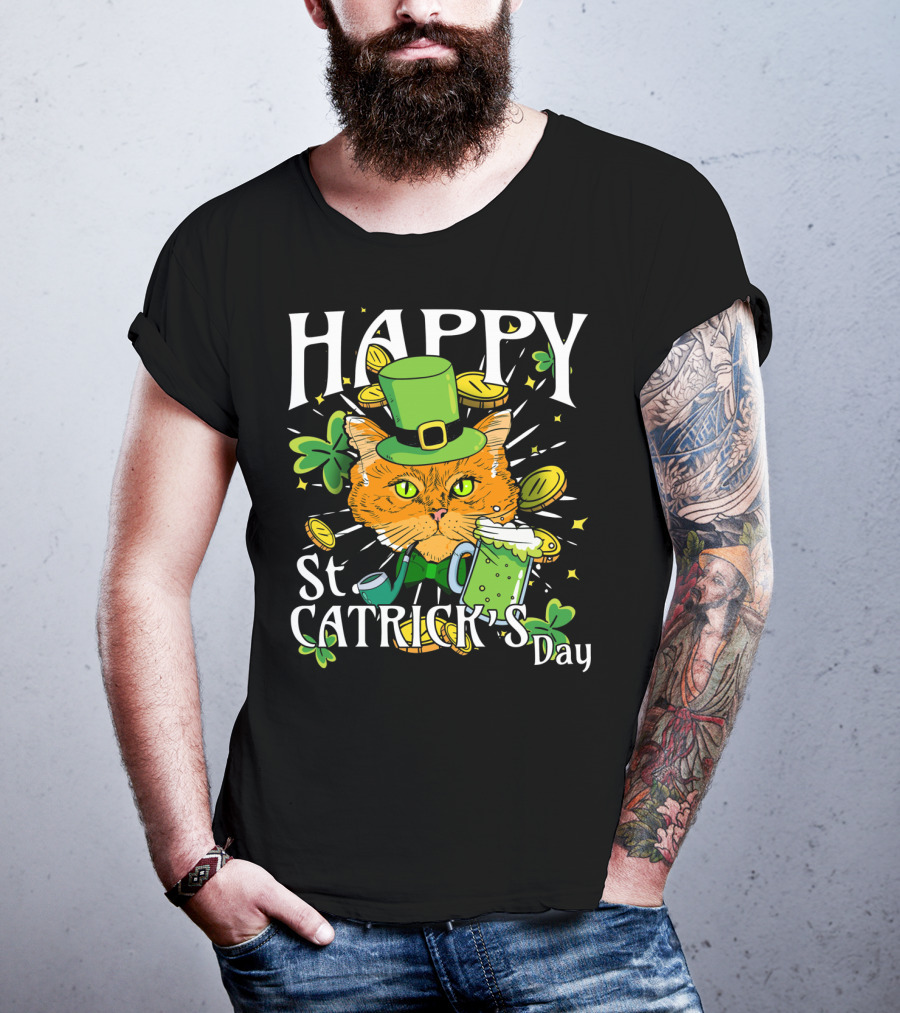 Happy St. Catricks Day Funny St. Patrick Cat Clover Coins T-Shirt
