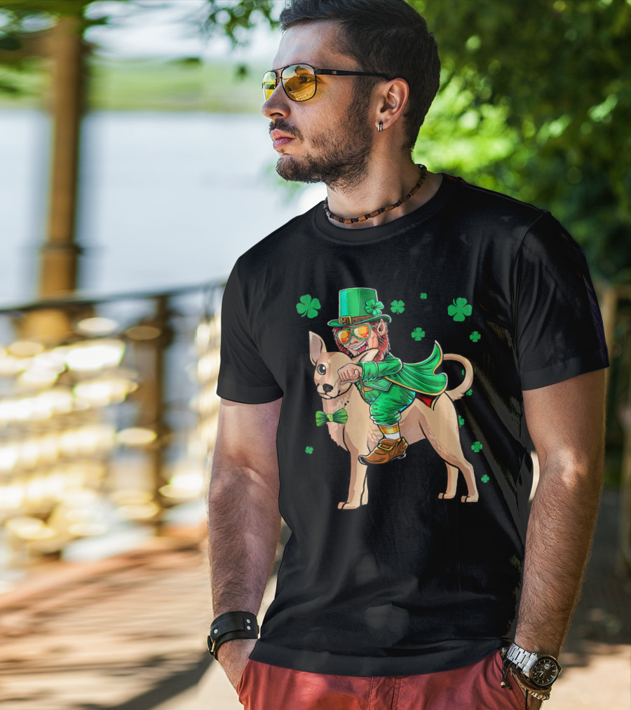 Leprechaun Riding Chihuahua With Shamrocks St. Patrick's Day T-Shirt