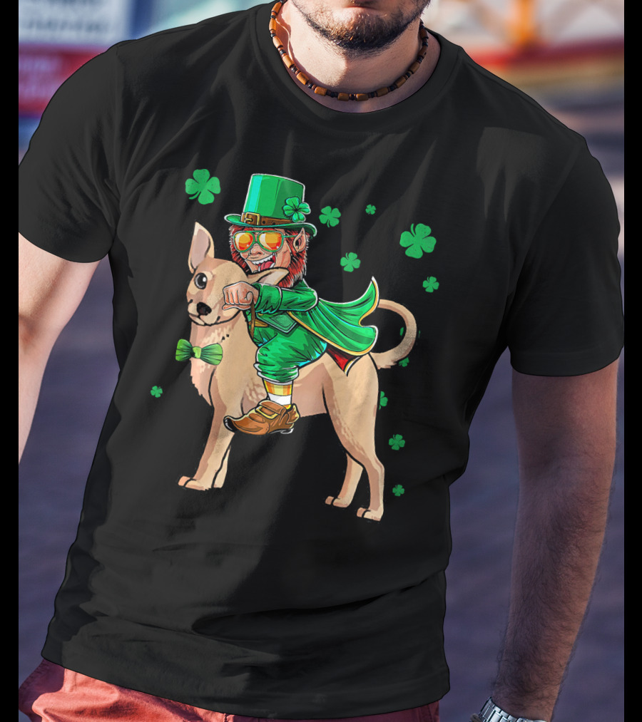 Leprechaun Riding Chihuahua With Shamrocks St. Patrick's Day T-Shirt