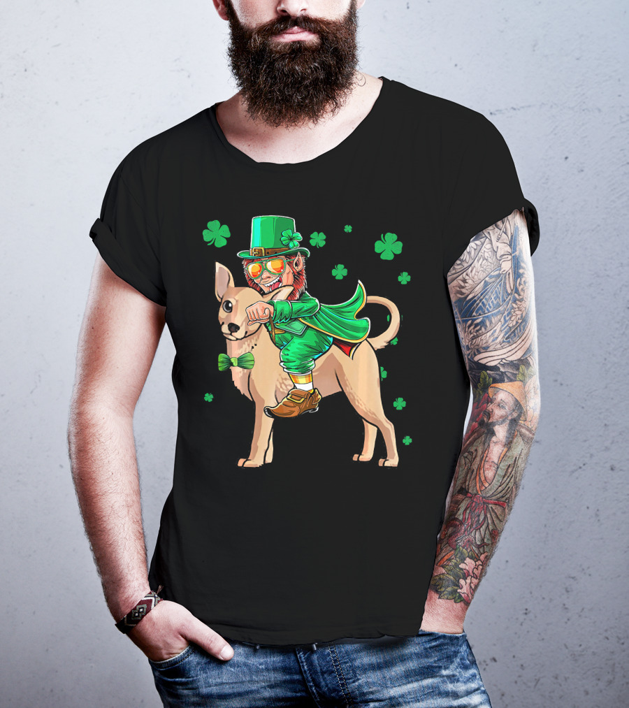 Leprechaun Riding Chihuahua With Shamrocks St. Patrick's Day T-Shirt