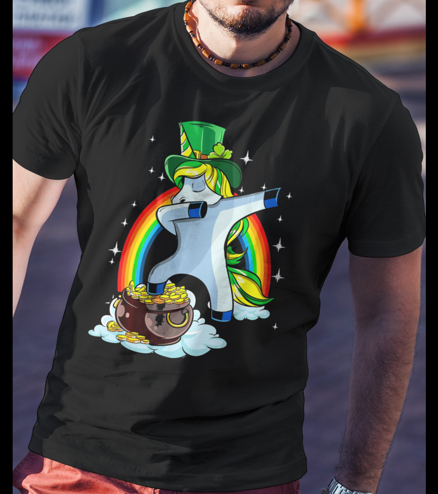 St Patricks Day Dabbing Unicorn Rainbow Pot Of Gold T-Shirt