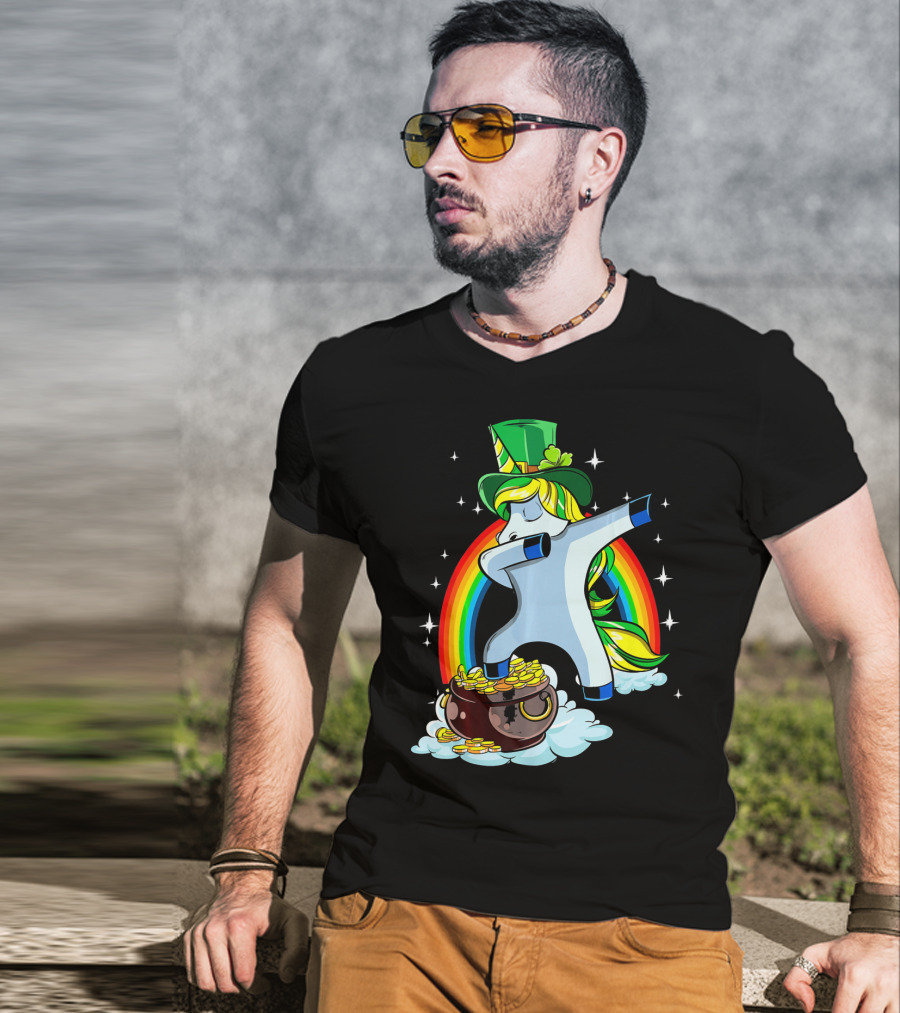 St Patricks Day Dabbing Unicorn Rainbow Pot Of Gold T-Shirt