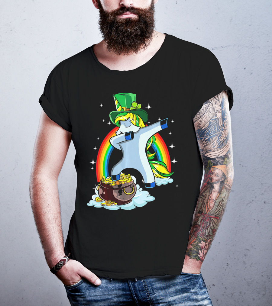 St Patricks Day Dabbing Unicorn Rainbow Pot Of Gold T-Shirt
