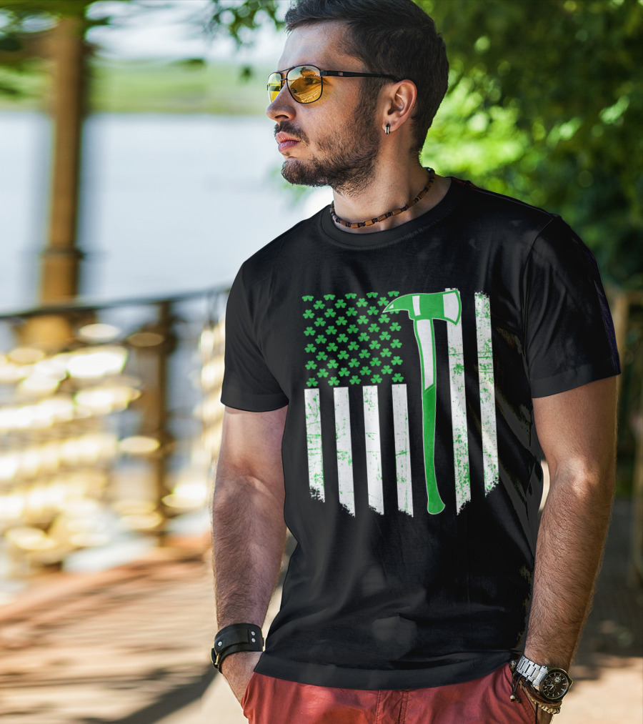 Irish Shamrock Flag Firefighter Axe T-Shirt