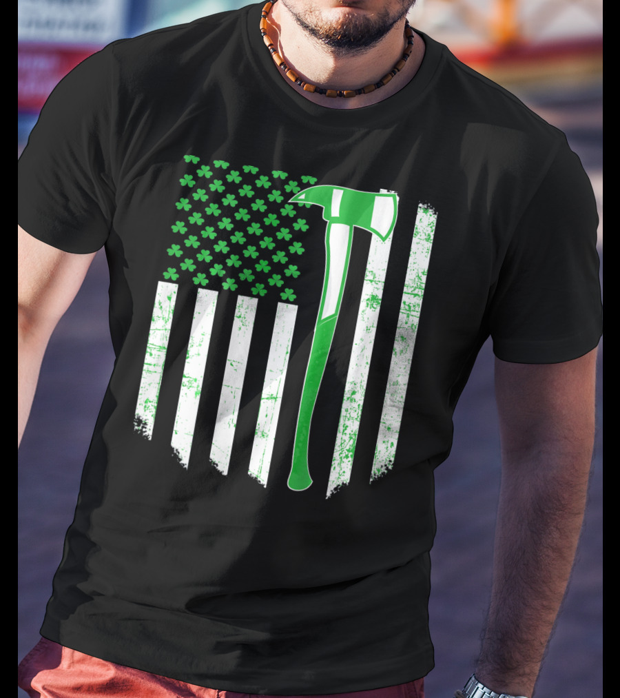 Irish Shamrock Flag Firefighter Axe T-Shirt