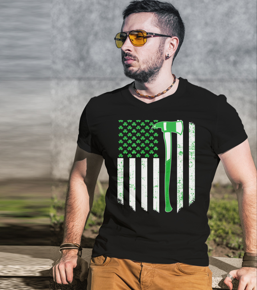 Irish Shamrock Flag Firefighter Axe T-Shirt