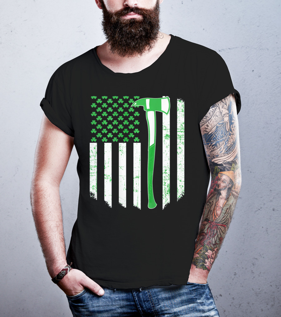 Irish Shamrock Flag Firefighter Axe T-Shirt