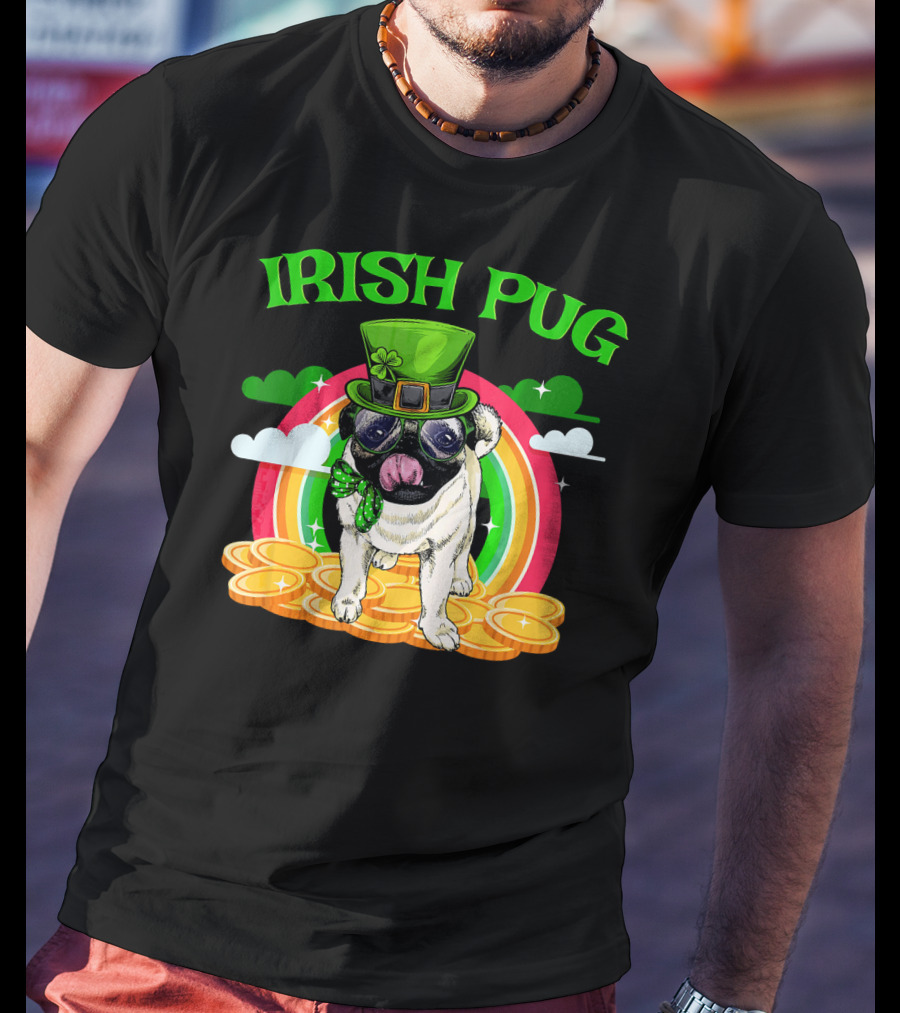 Irish Pug Funny St Patricks Day Leprechaun Rainbow Coins T-Shirt