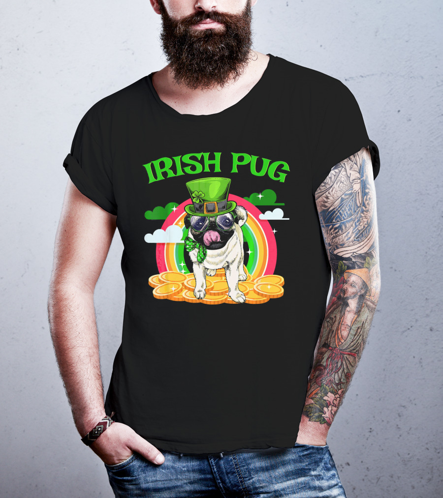 Irish Pug Funny St Patricks Day Leprechaun Rainbow Coins T-Shirt
