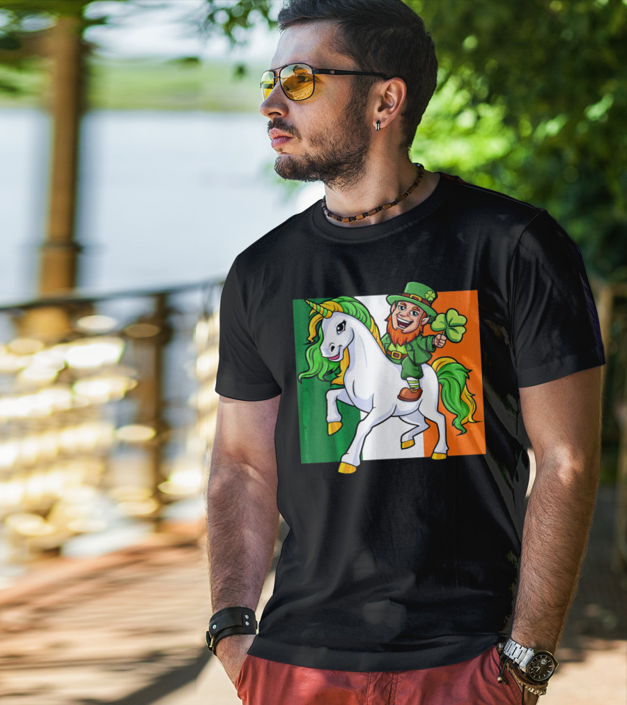 Leprechaun Riding Unicorn Irish Flag St Patricks Day T-Shirt
