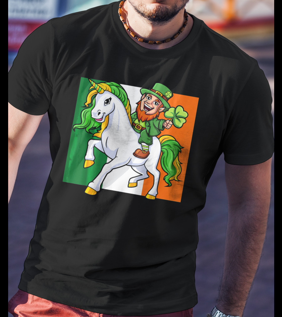 Leprechaun Riding Unicorn Irish Flag St Patricks Day T-Shirt
