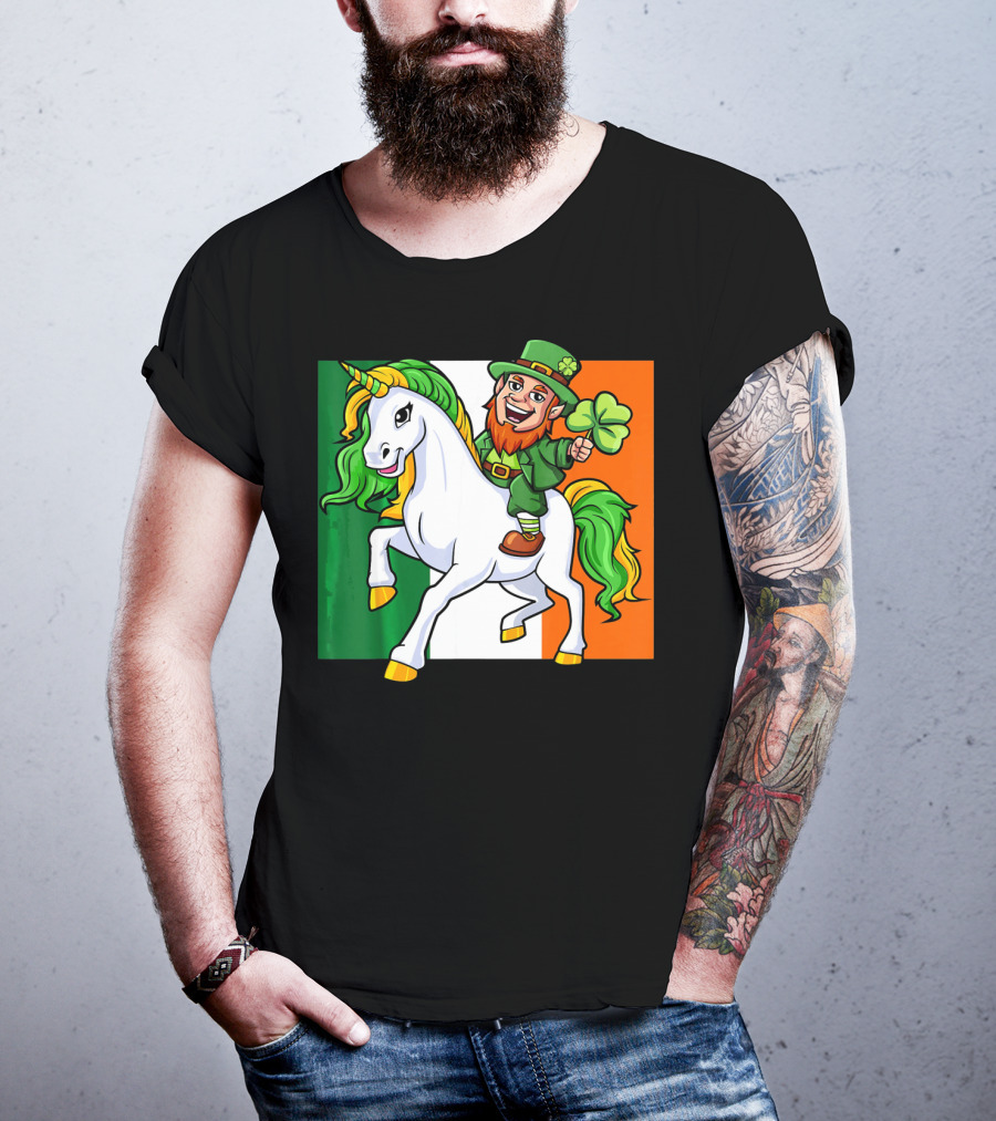 Leprechaun Riding Unicorn Irish Flag St Patricks Day T-Shirt