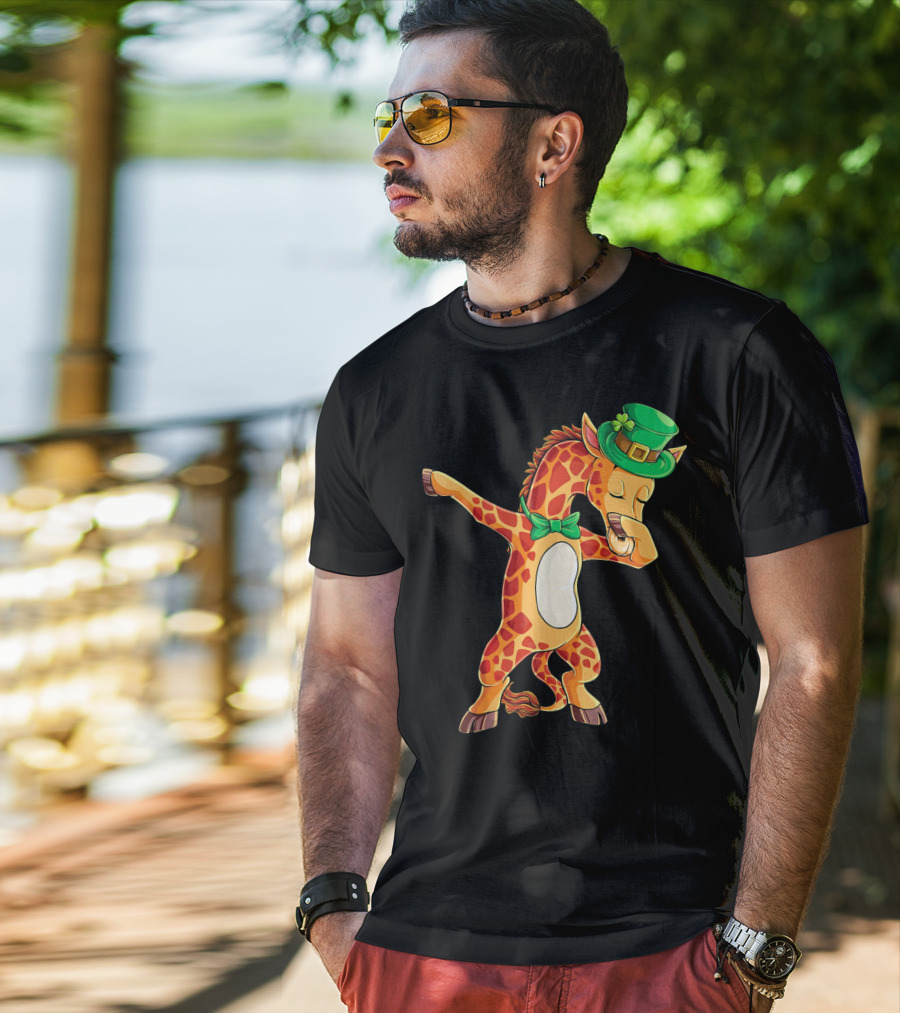 Giraffe Dabbing Leprechaun Hat Bow Tie T-Shirt