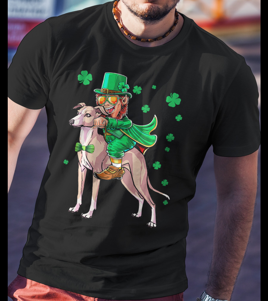 Leprechaun Riding Italian Greyhound With Shamrocks T-Shirt