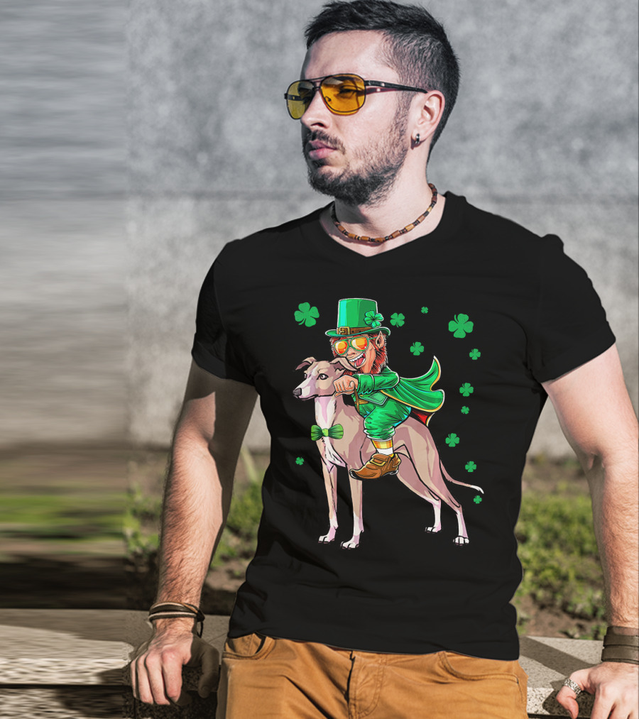 Leprechaun Riding Italian Greyhound With Shamrocks T-Shirt