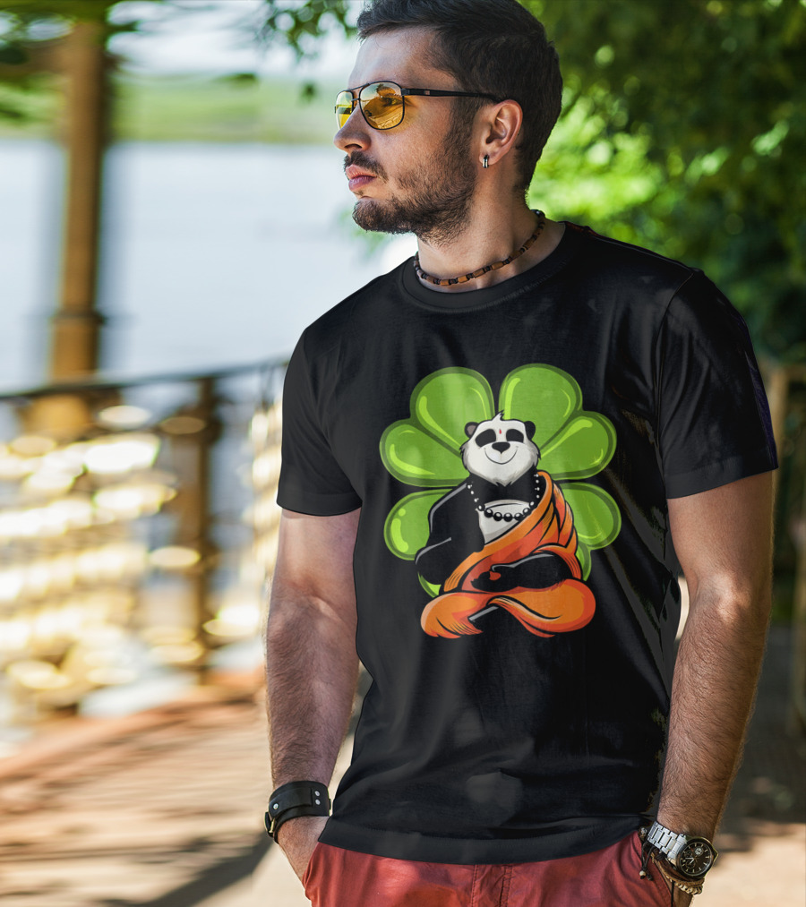 Panda Bear Buddha Zen Meditation With Lucky Four-Leaf Clover T-Shirt
