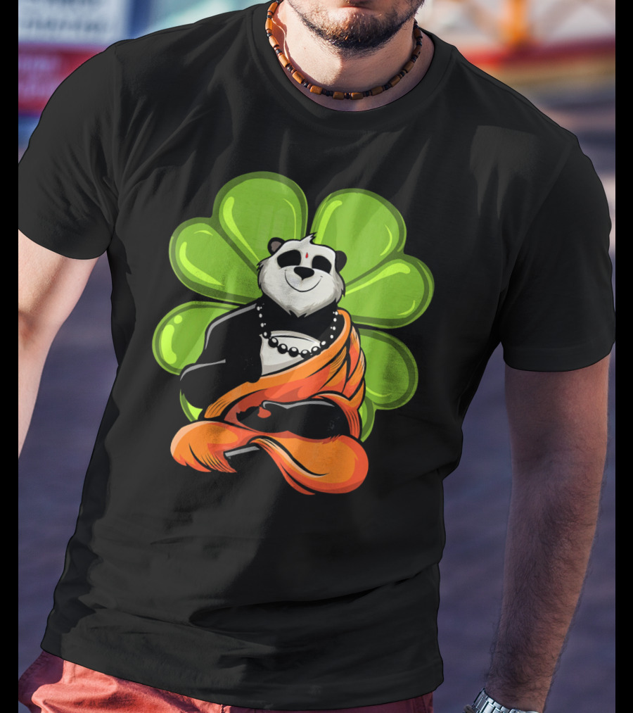 Panda Bear Buddha Zen Meditation With Lucky Four-Leaf Clover T-Shirt