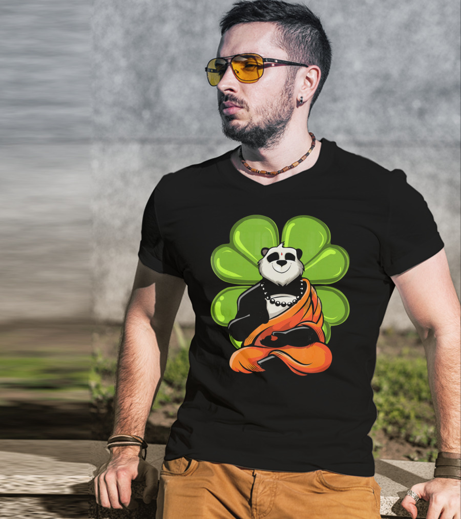 Panda Bear Buddha Zen Meditation With Lucky Four-Leaf Clover T-Shirt