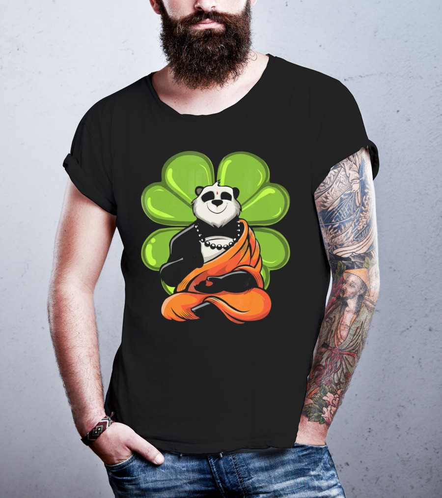 Panda Bear Buddha Zen Meditation With Lucky Four-Leaf Clover T-Shirt