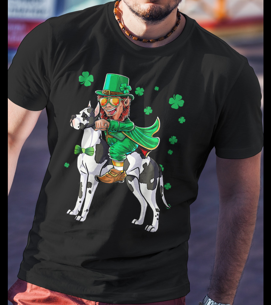 Leprechaun Riding Great Dane With Shamrocks St. Patri T-Shirt
