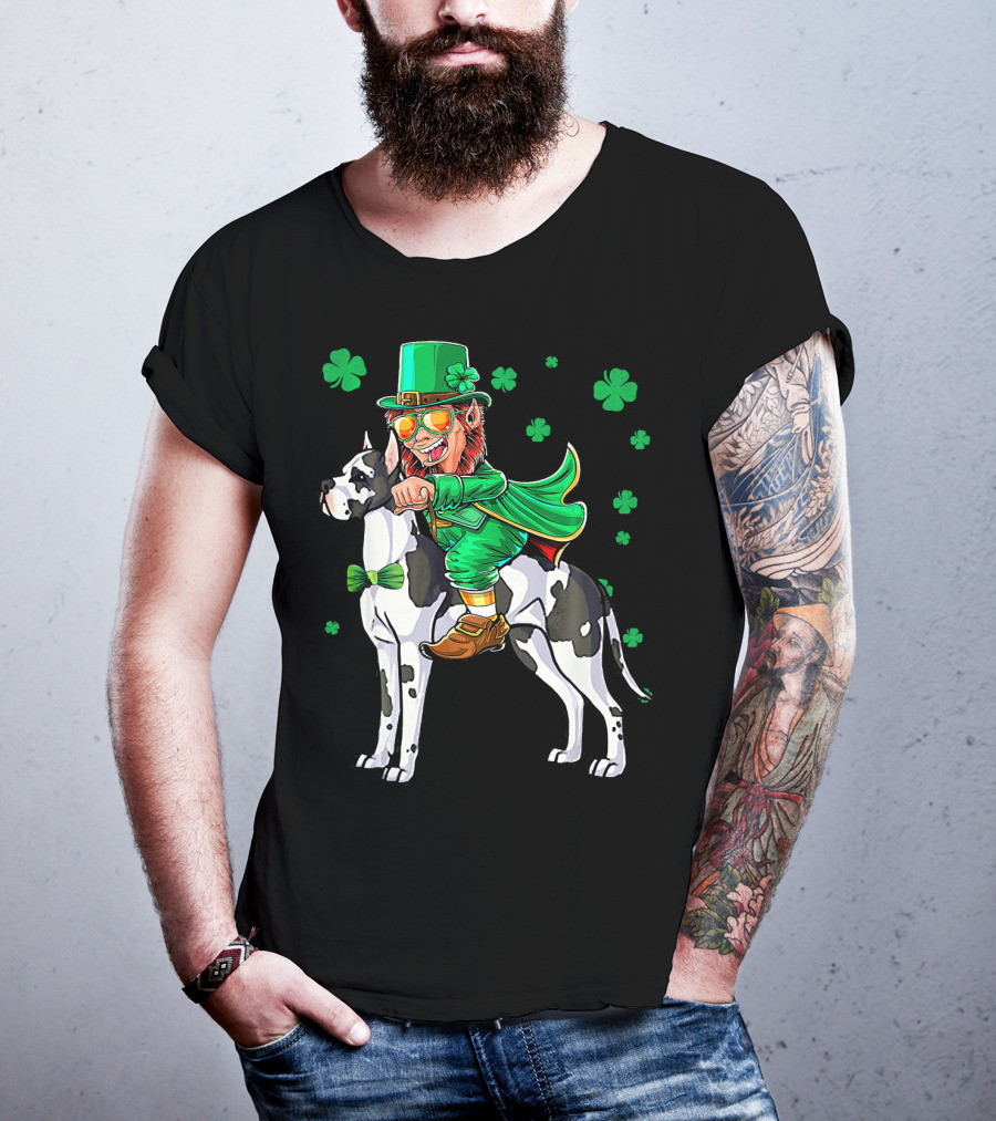 Leprechaun Riding Great Dane With Shamrocks St. Patri T-Shirt