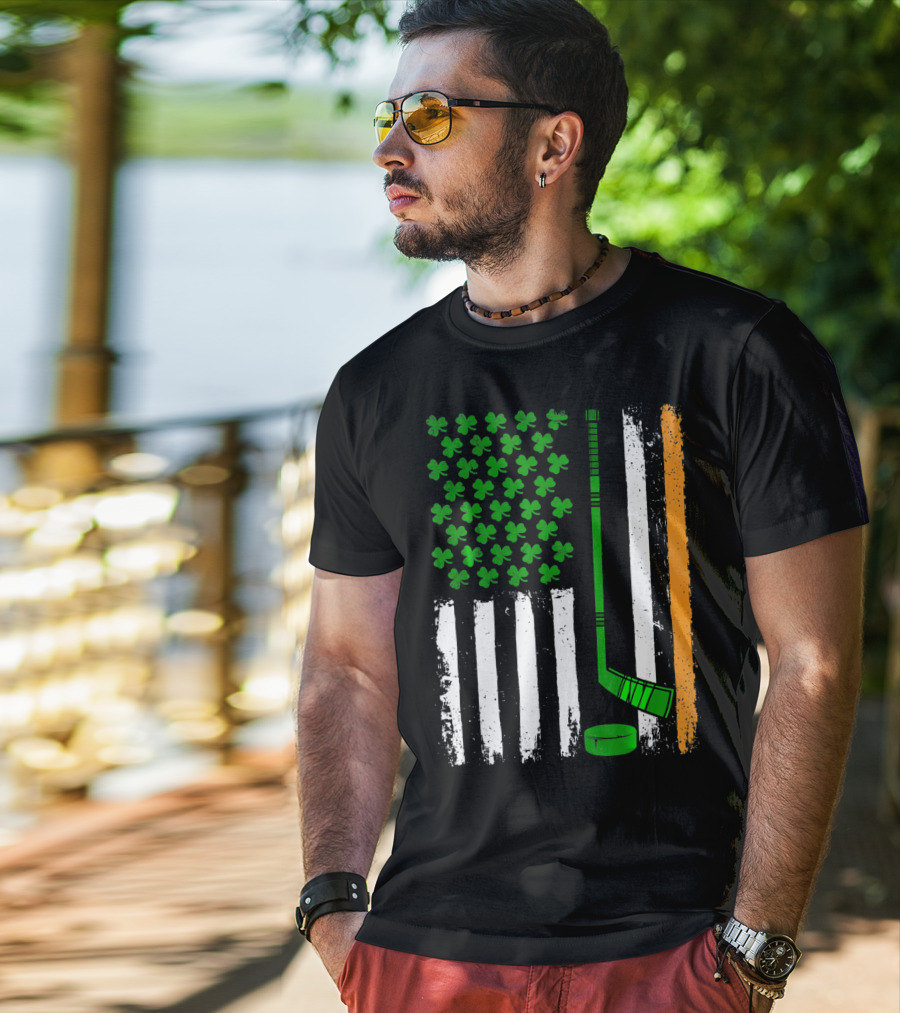 Hockey St Patricks Irish American Flag Shamrock Hockey Stick T-Shirt