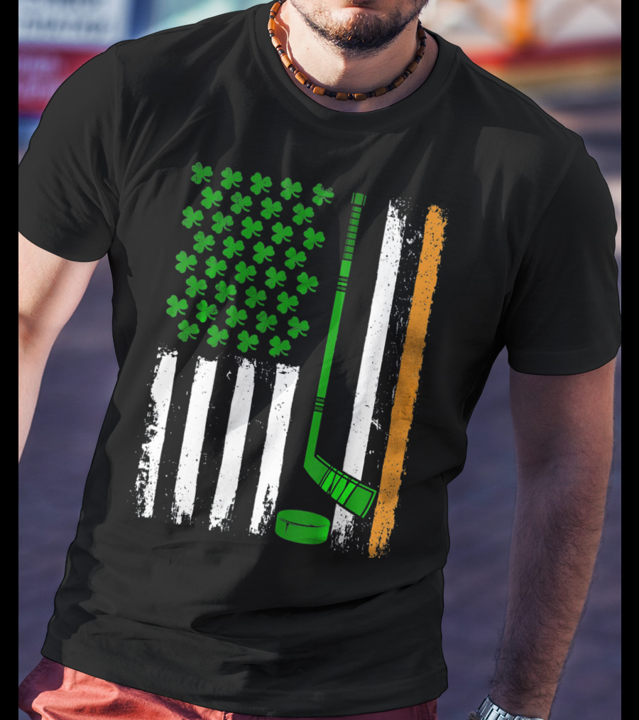 Hockey St Patricks Irish American Flag Shamrock Hockey Stick T-Shirt