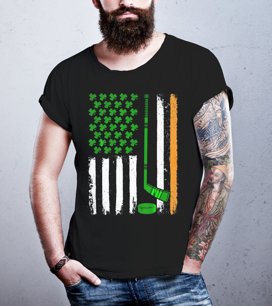 Hockey St Patricks Irish American Flag Shamrock Hockey Stick T-Shirt