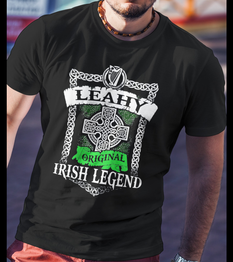 LEAHY Original Irish Legend Celtic Knot Cross Harp Emblem T-Shirt