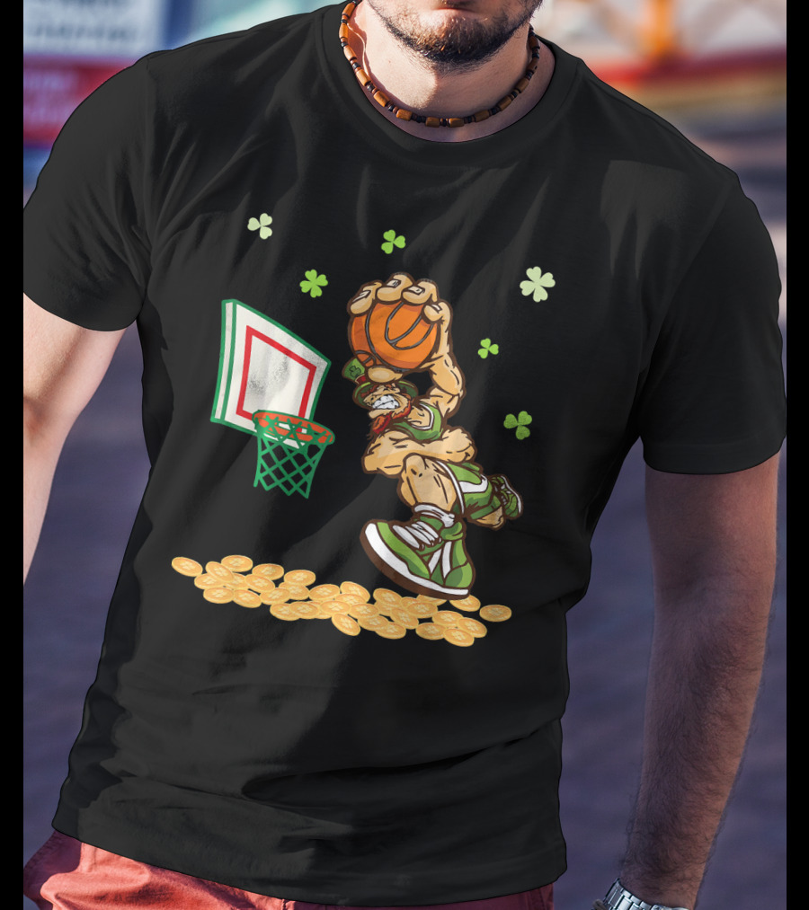 Leprechaun Dunking Basketball Surrounded By Shamrocks And Gold Coins T-Shirt