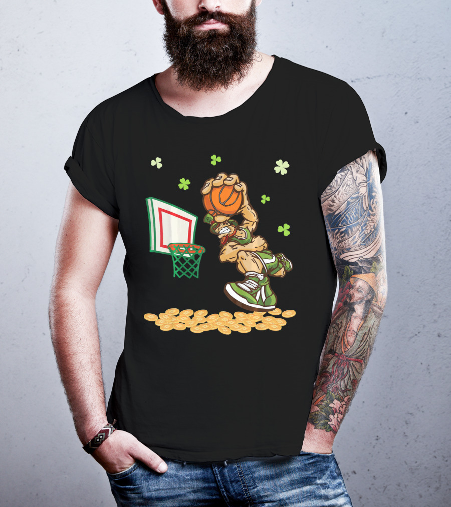 Leprechaun Dunking Basketball Surrounded By Shamrocks And Gold Coins T-Shirt