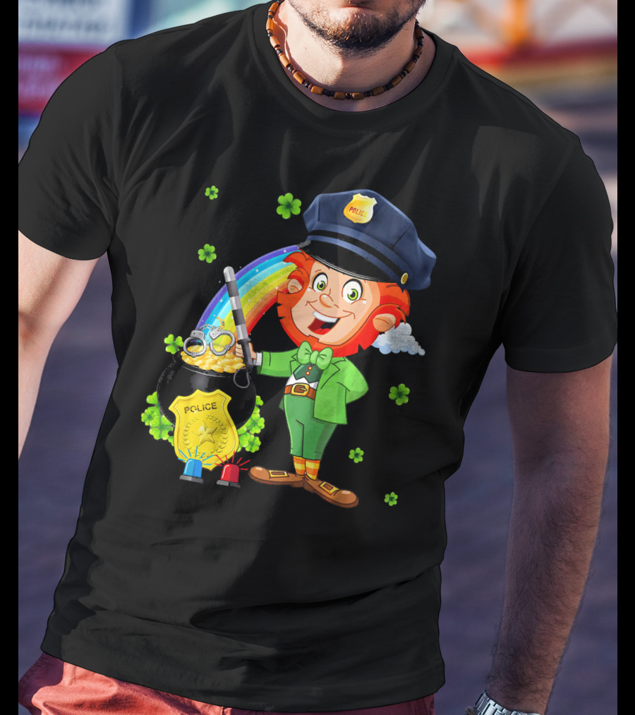 Police Leprechaun Pot Of Gold Rainbow Clover St. Patricks T-Shirt